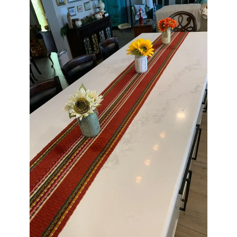 Fall Table Runner 112” Rust Red Striped Woven Tassel Thanksgiving Farmhouse